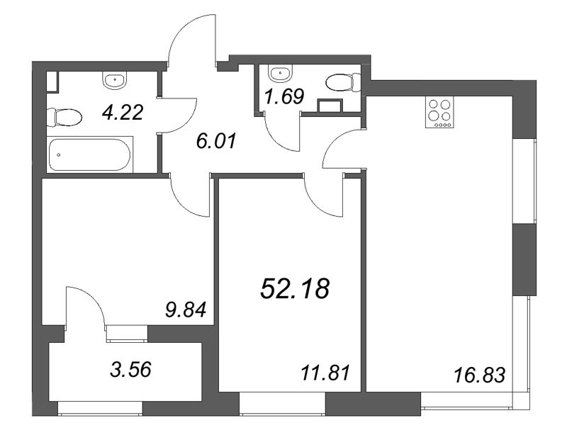 3-комнатная (Евро) квартира, 52.18 м² в ЖК "Гранат" - планировка, фото №1