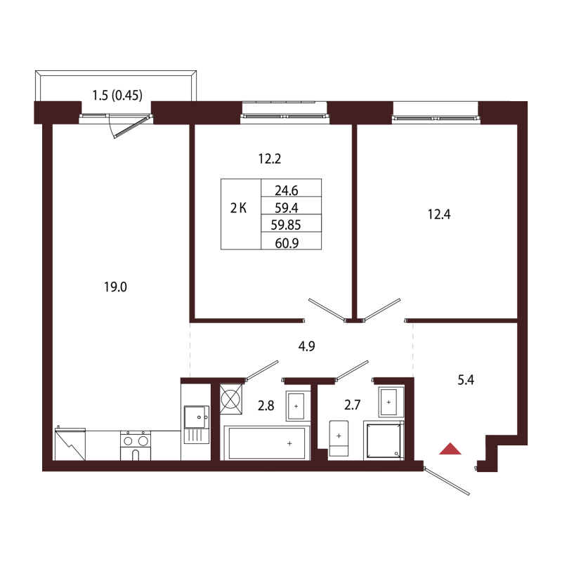 3-комнатная (Евро) квартира, 59.85 м² в ЖК "Лисино" - планировка, фото №1