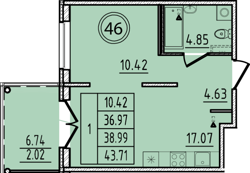 2-комнатная (Евро) квартира, 36.97 м² - планировка, фото №1