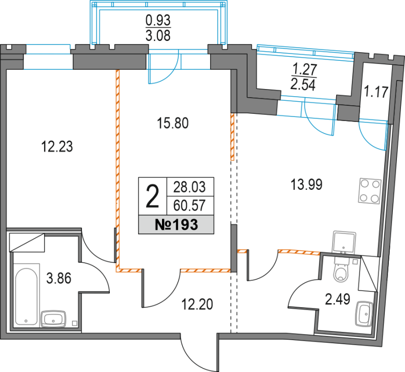 2-комнатная квартира, 60.57 м² - планировка, фото №1