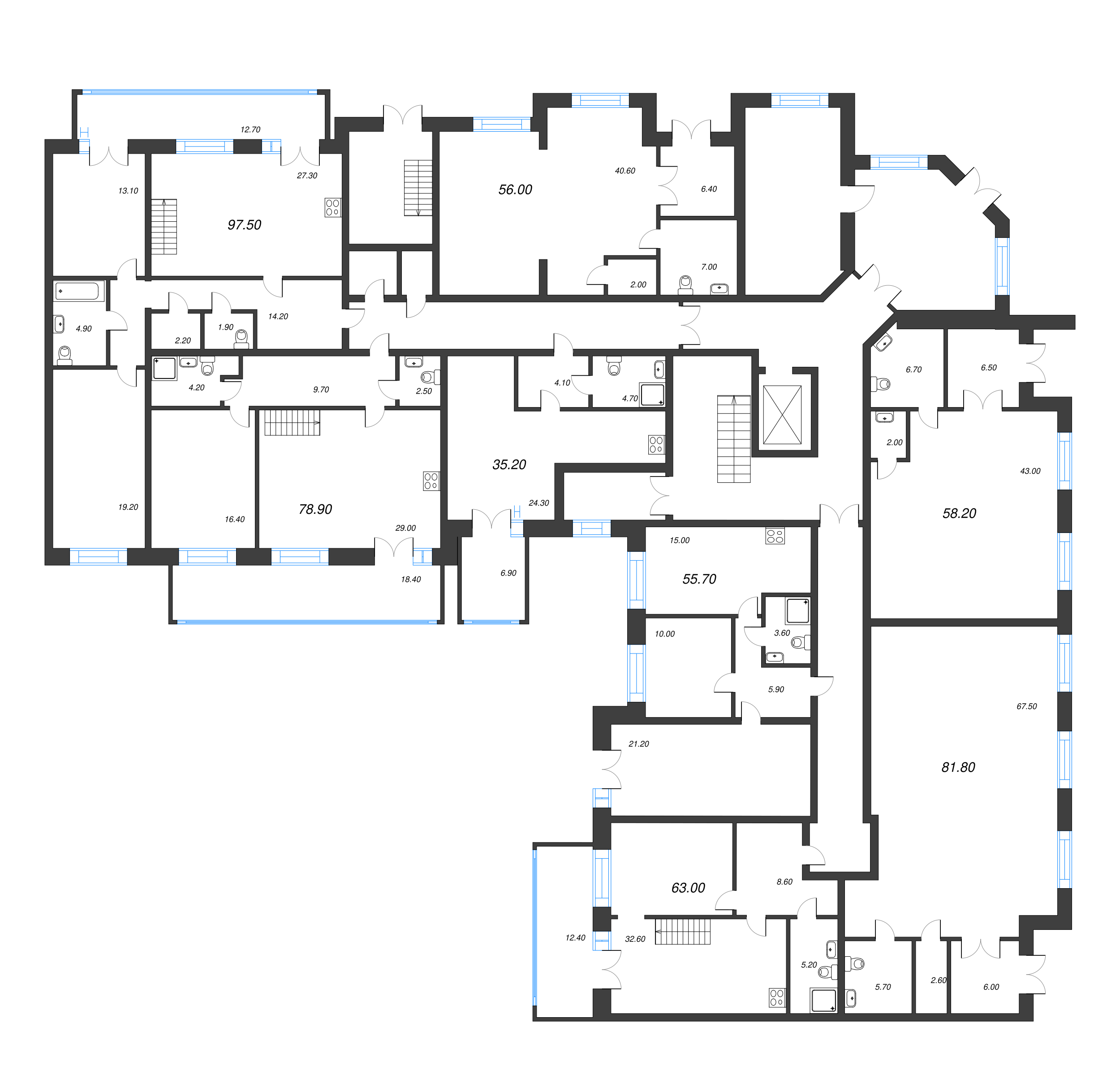 3-комнатная (Евро) квартира, 97.5 м² - планировка этажа