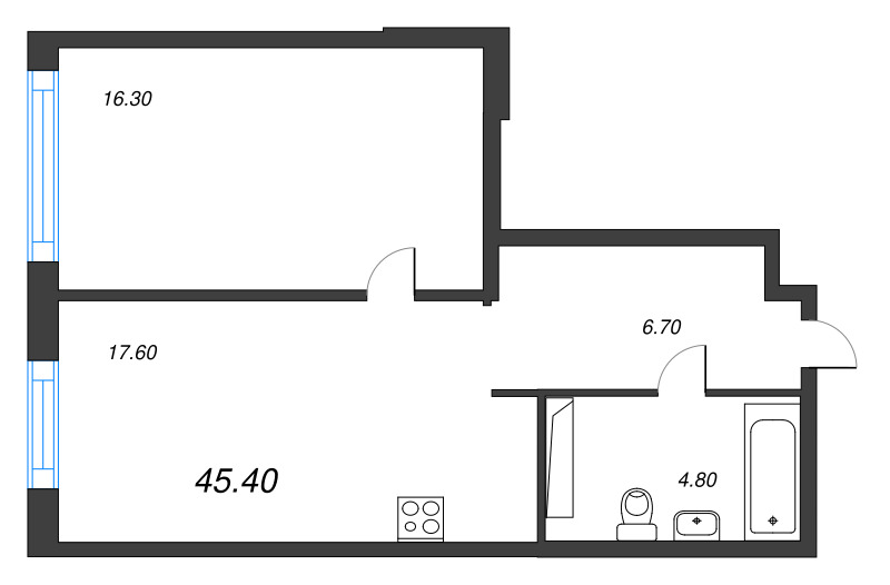 2-комнатная (Евро) квартира, 45.4 м² в ЖК "Струны" - планировка, фото №1