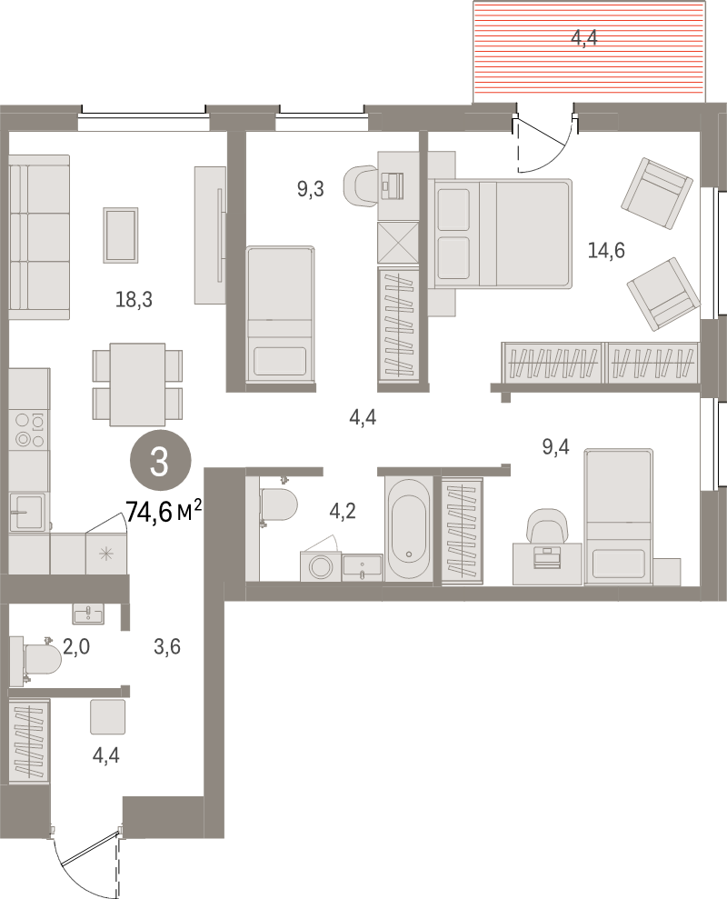 4-комнатная (Евро) квартира, 74.4 м² в ЖК "Северный ветер" - планировка, фото №1
