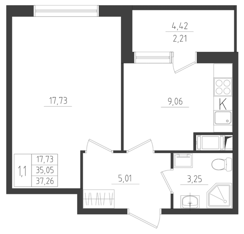1-комнатная квартира, 37.26 м² - планировка, фото №1