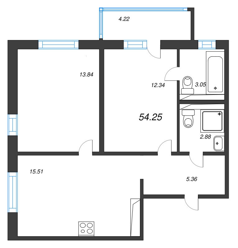 3-комнатная (Евро) квартира, 54.25 м² в ЖК "Окла" - планировка, фото №1