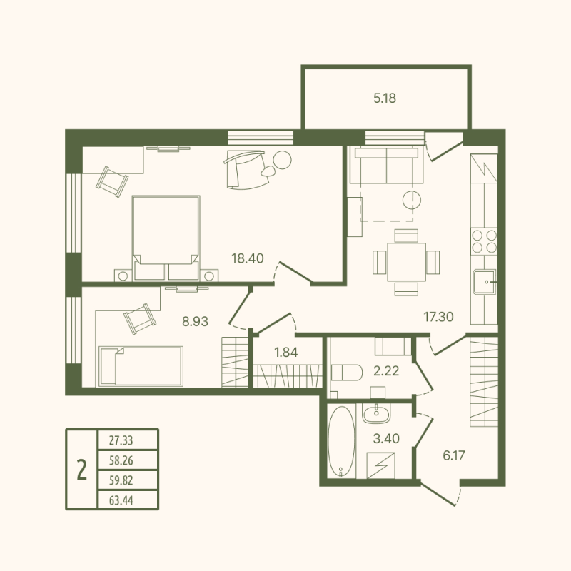 3-комнатная (Евро) квартира, 59.82 м² в ЖК "Рауни" - планировка, фото №1