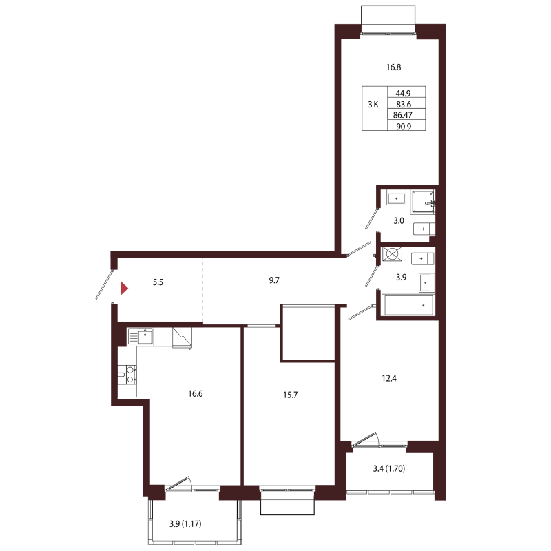 4-комнатная (Евро) квартира, 86.47 м² в ЖК "Лисино" - планировка, фото №1