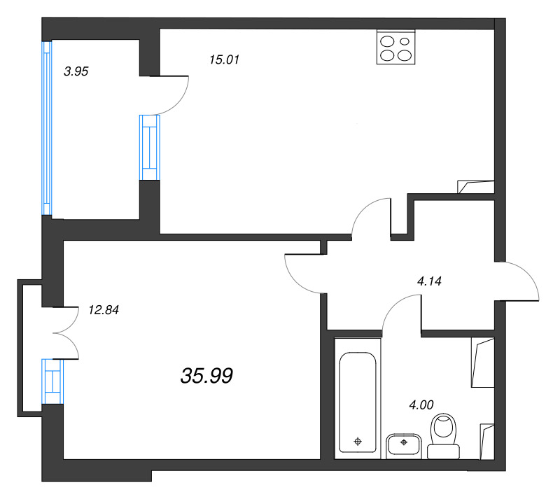 2-комнатная (Евро) квартира, 35.99 м² в ЖК "Любоград" - планировка, фото №1