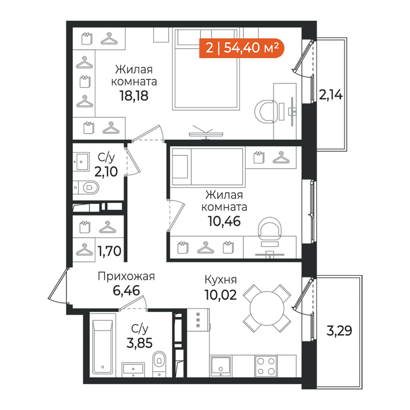 2-комнатная квартира, 54.4 м² в ЖК "Алгоритм Квинта" - планировка, фото №1