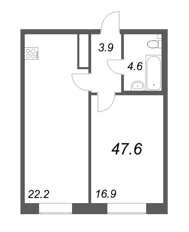 2-комнатная (Евро) квартира, 47.4 м² в ЖК "Neva Haus" - планировка, фото №1