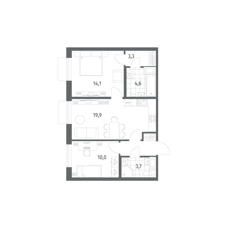 3-комнатная (Евро) квартира, 59.3 м² в ЖК "Парусная 1" - планировка, фото №1