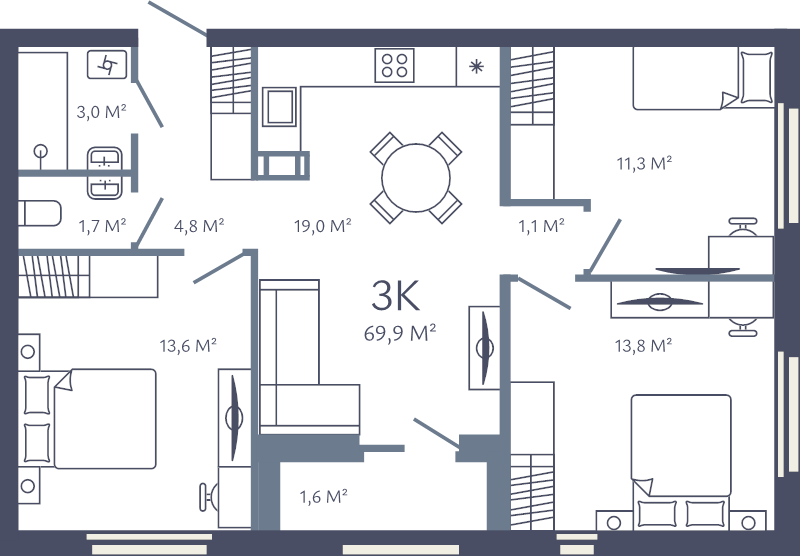 4-комнатная (Евро) квартира, 69.9 м² в ЖК "Лендлер" - планировка, фото №1