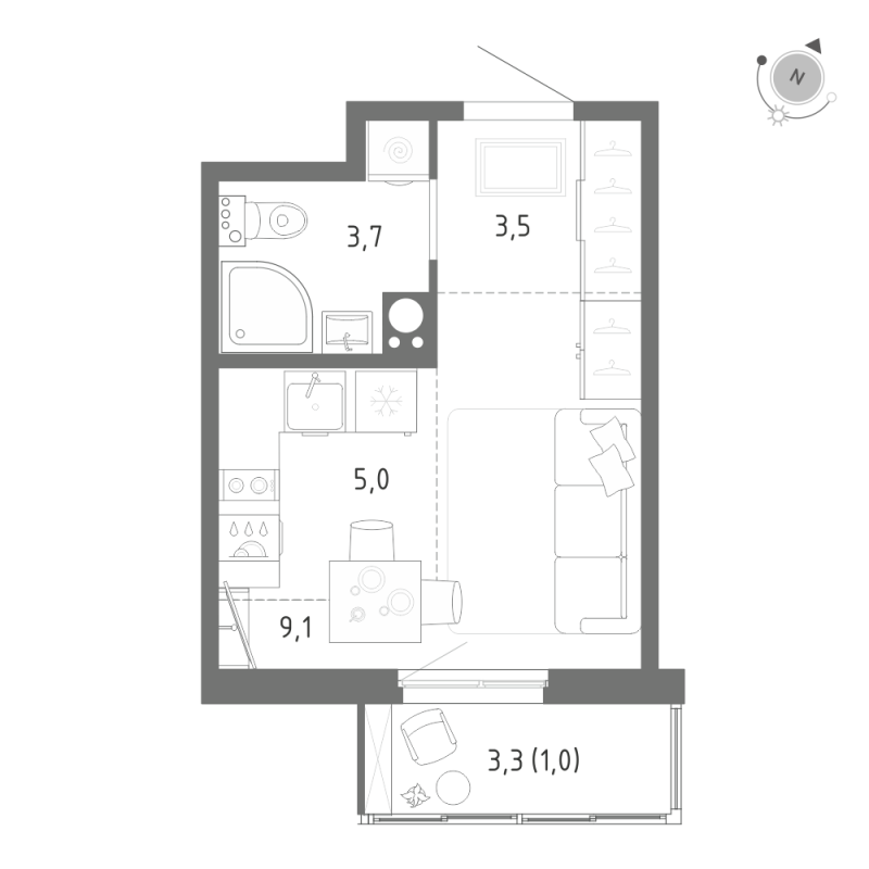 Квартира-студия, 22.3 м² - планировка, фото №1