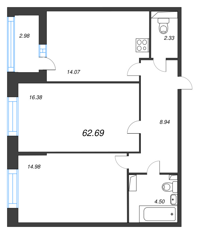 2-комнатная квартира, 62.69 м² - планировка, фото №1