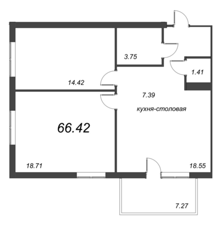 2-комнатная (Евро) квартира, 45.54 м² в ЖК "Grona Lund" - планировка, фото №1