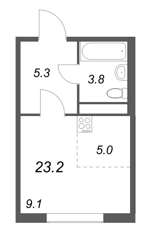 Квартира-студия, 23.2 м² в ЖК "Гений" - планировка, фото №1
