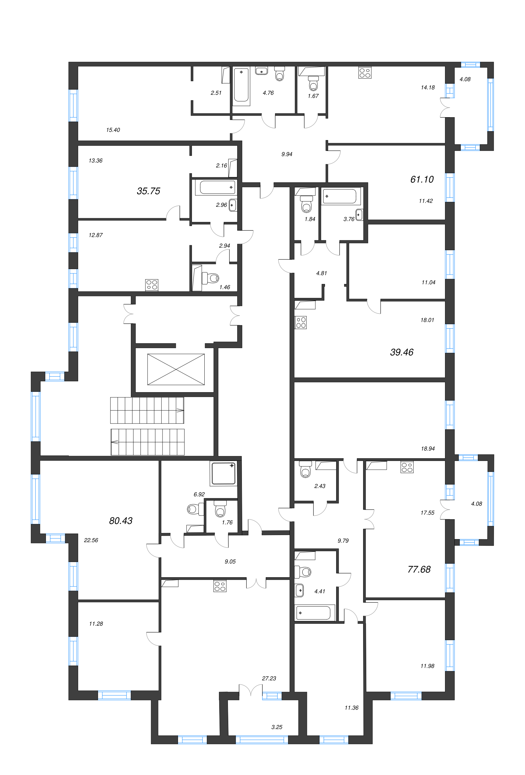 3-комнатная (Евро) квартира, 80.43 м² - планировка этажа