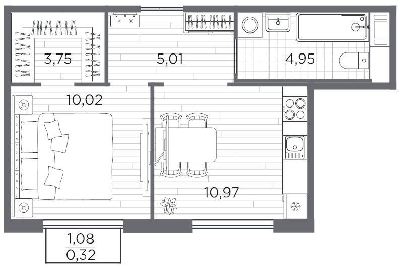 1-комнатная квартира, 35.02 м² в ЖК "PLUS Пулковский" - планировка, фото №1