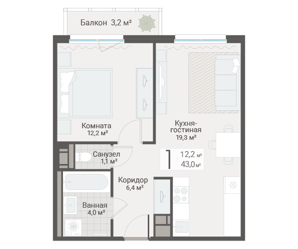 2-комнатная (Евро) квартира, 43 м² в ЖК "Руднева 15" - планировка, фото №1