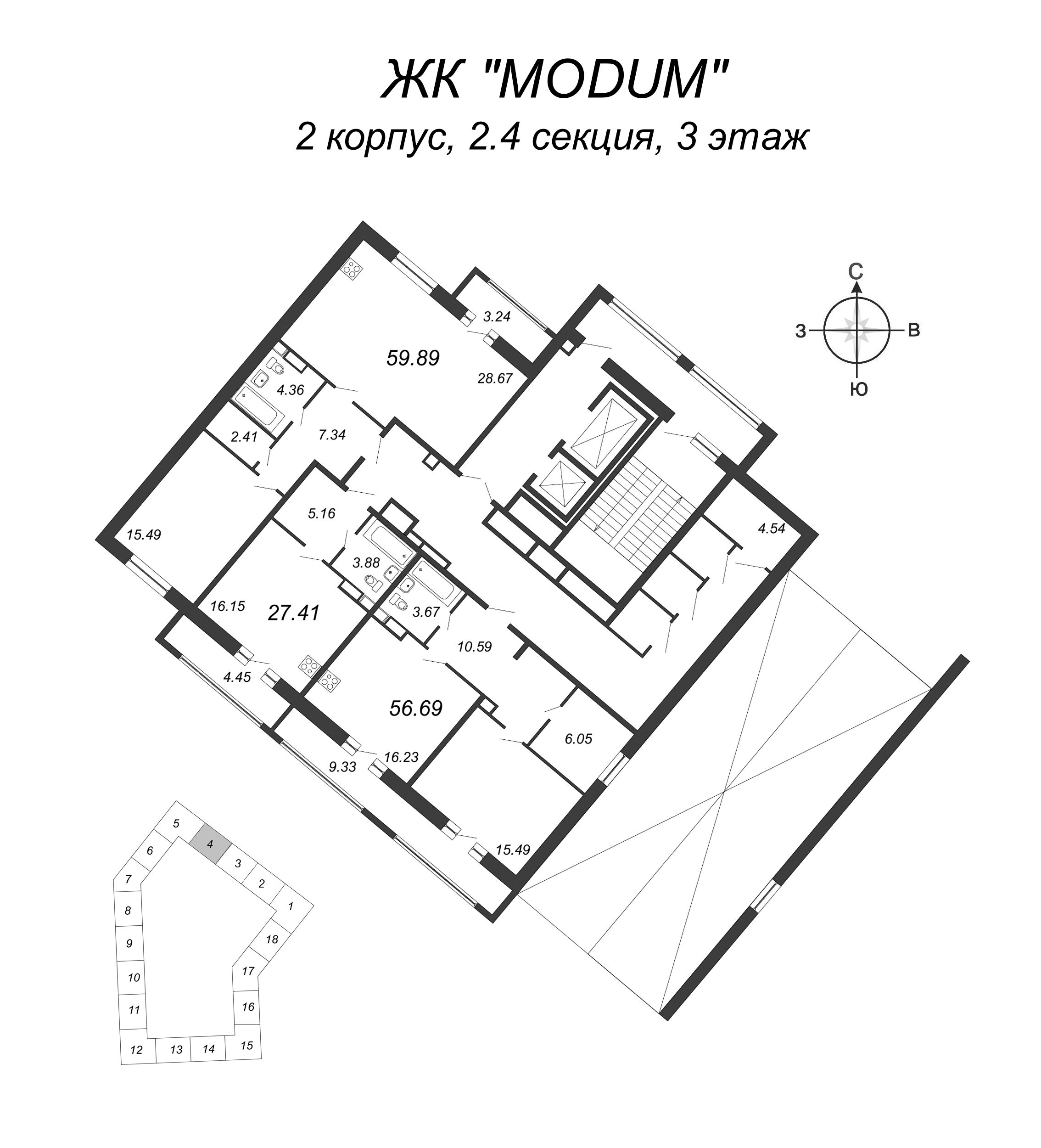 2-комнатная (Евро) квартира, 56.69 м² - планировка этажа