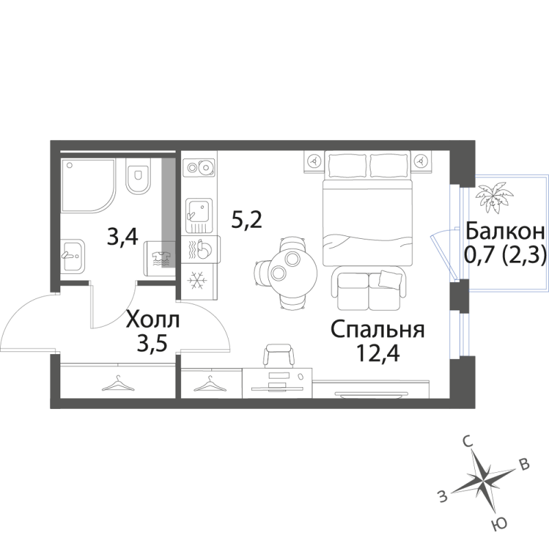 Квартира-студия, 25.2 м² в ЖК "Экография" - планировка, фото №1
