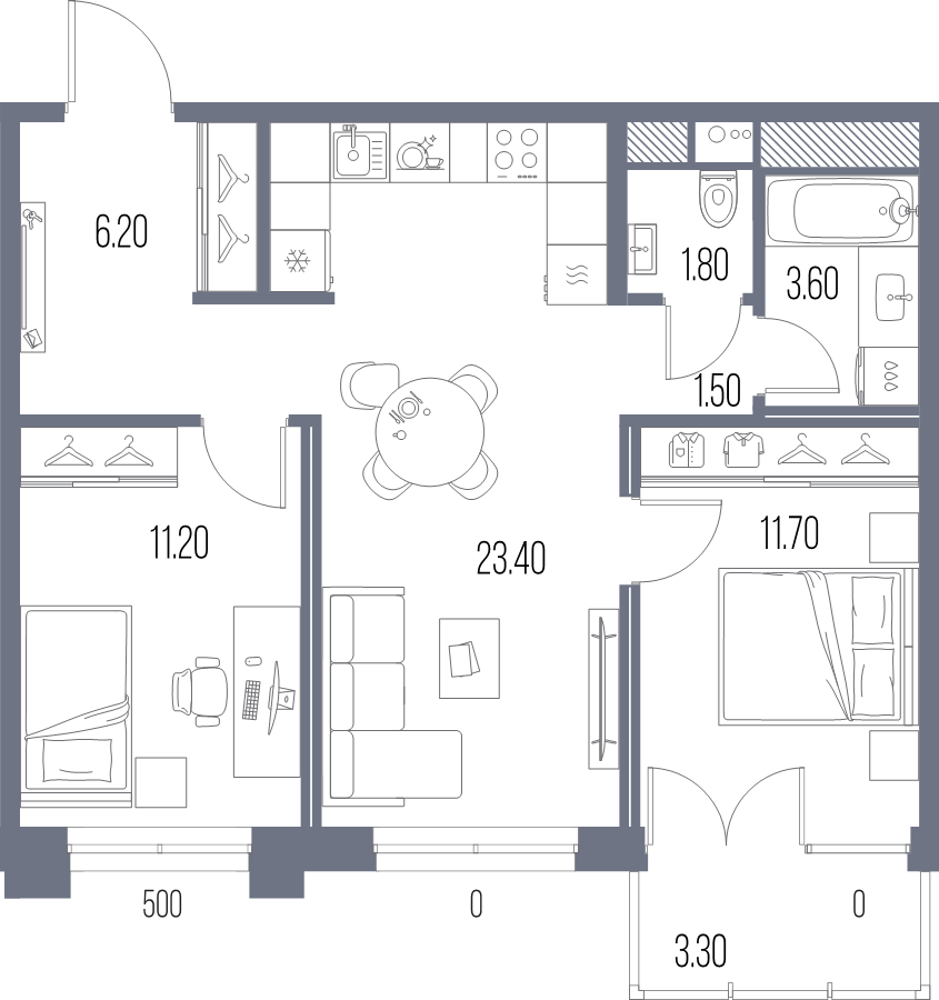 3-комнатная (Евро) квартира, 59.4 м² в ЖК "Легенда на Охте" - планировка, фото №1