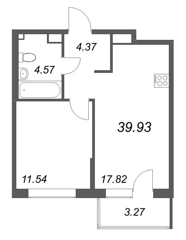 2-комнатная (Евро) квартира, 39.93 м² в ЖК "Охтинские высоты" - планировка, фото №1