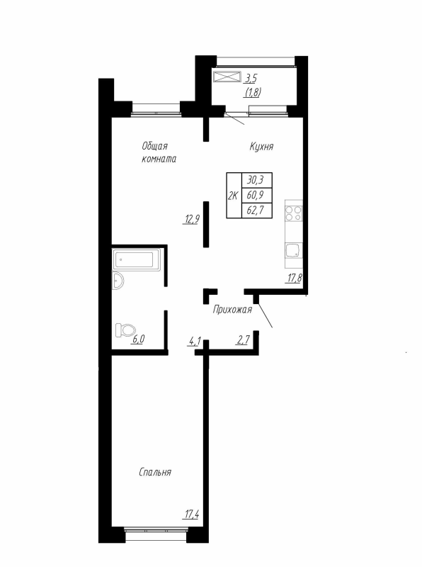 3-комнатная (Евро) квартира, 62.7 м² - планировка, фото №1
