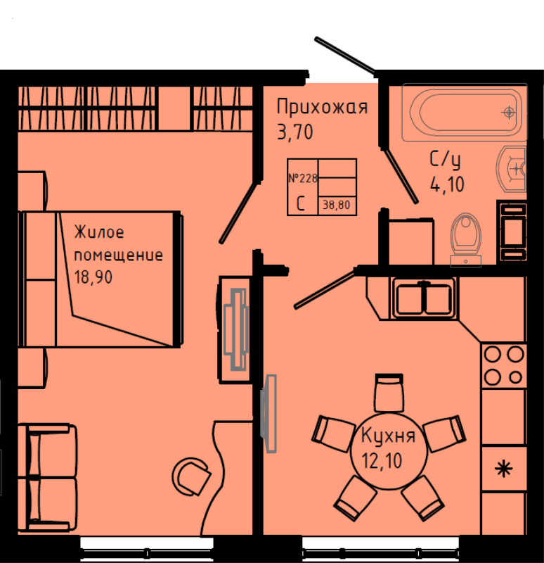 1-комнатная квартира, 38.8 м² в ЖК "Pixel" - планировка, фото №1