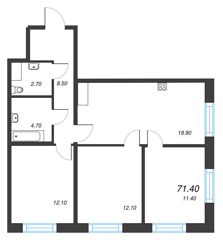 4-комнатная (Евро) квартира, 71.4 м² в ЖК "Парусная 1" - планировка, фото №1