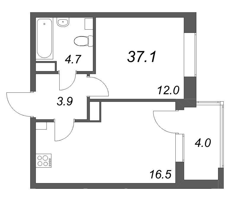 2-комнатная (Евро) квартира, 37.1 м² в ЖК "М36" - планировка, фото №1
