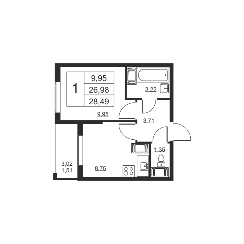 1-комнатная квартира, 28.49 м² в ЖК "Высота" - планировка, фото №1