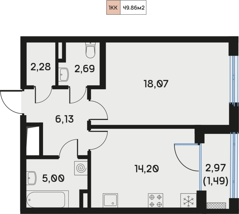 1-комнатная квартира, 48.18 м² в ЖК "Дом Регенбоген" - планировка, фото №1