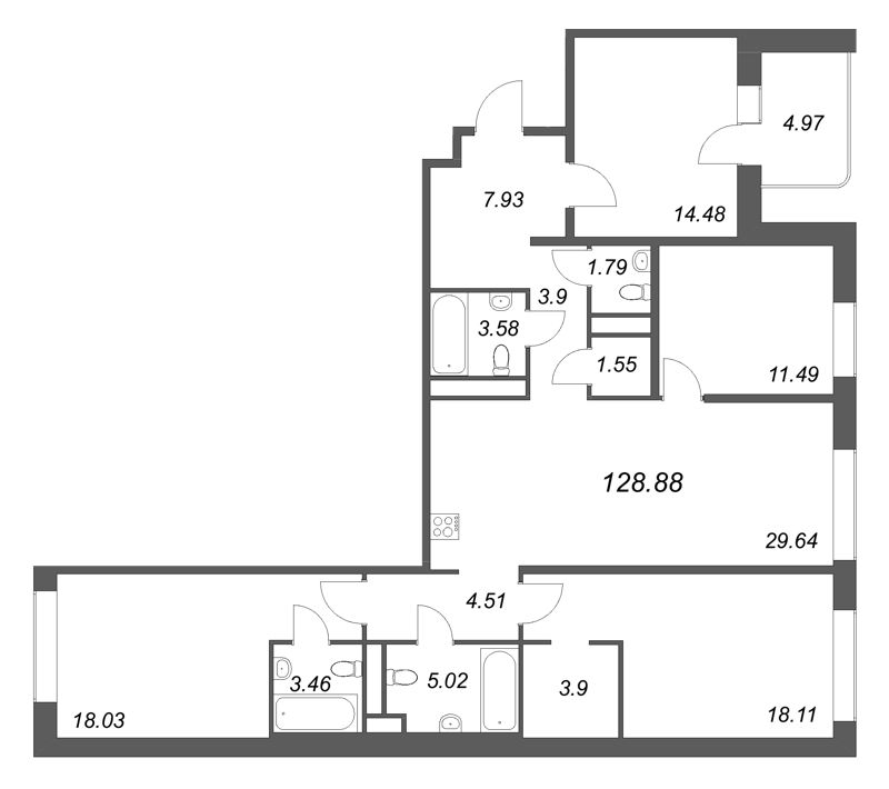 5-комнатная (Евро) квартира, 128.88 м² в ЖК "Avant" - планировка, фото №1