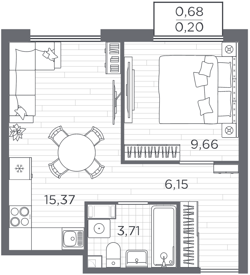 2-комнатная (Евро) квартира, 35.09 м² - планировка, фото №1