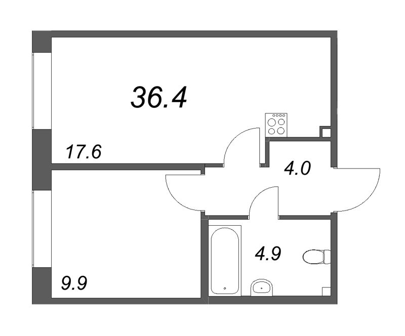 2-комнатная (Евро) квартира, 36.4 м² в ЖК "Парусная 1" - планировка, фото №1