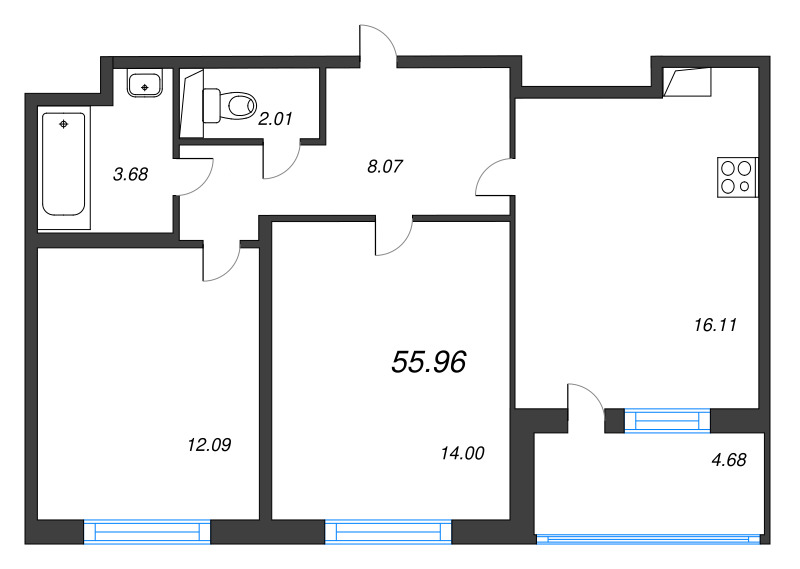 3-комнатная (Евро) квартира, 55.96 м² в ЖК "ЮгТаун" - планировка, фото №1