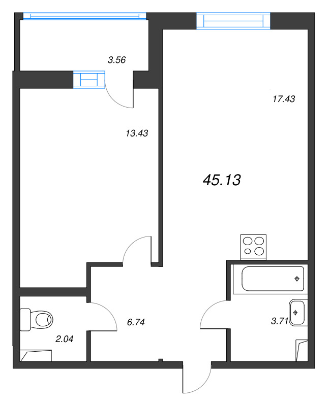 2-комнатная (Евро) квартира, 45.13 м² в ЖК "Энфилд" - планировка, фото №1
