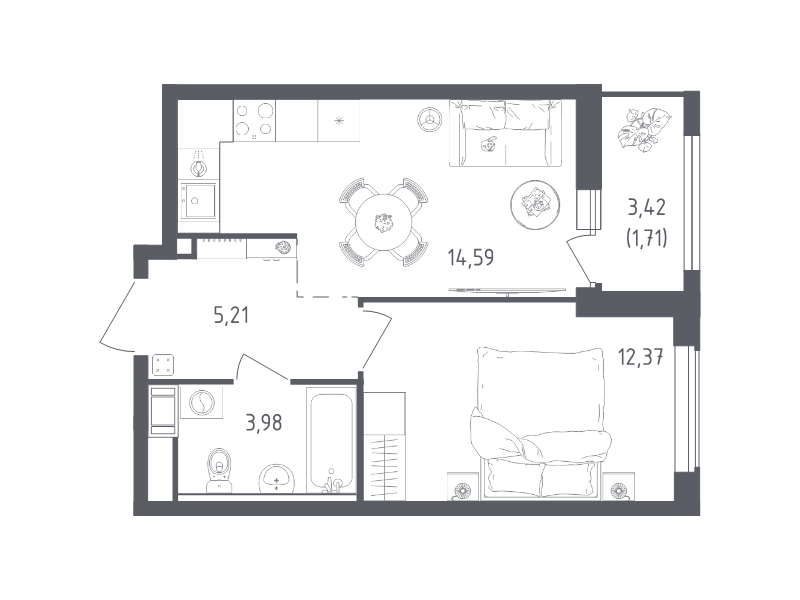 1-комнатная квартира, 37.86 м² в ЖК "Южная Нева" - планировка, фото №1