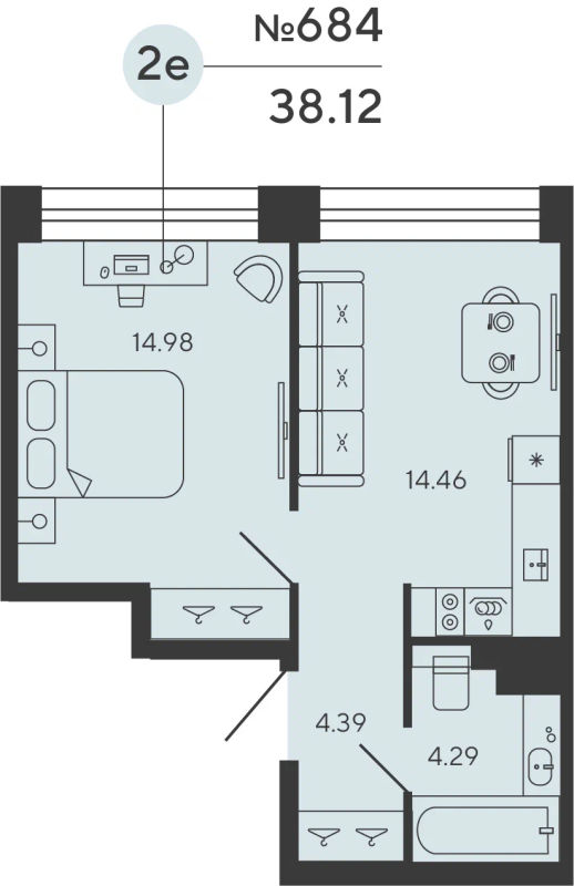 2-комнатная (Евро) квартира, 38.12 м² в ЖК "Bashni Element" - планировка, фото №1