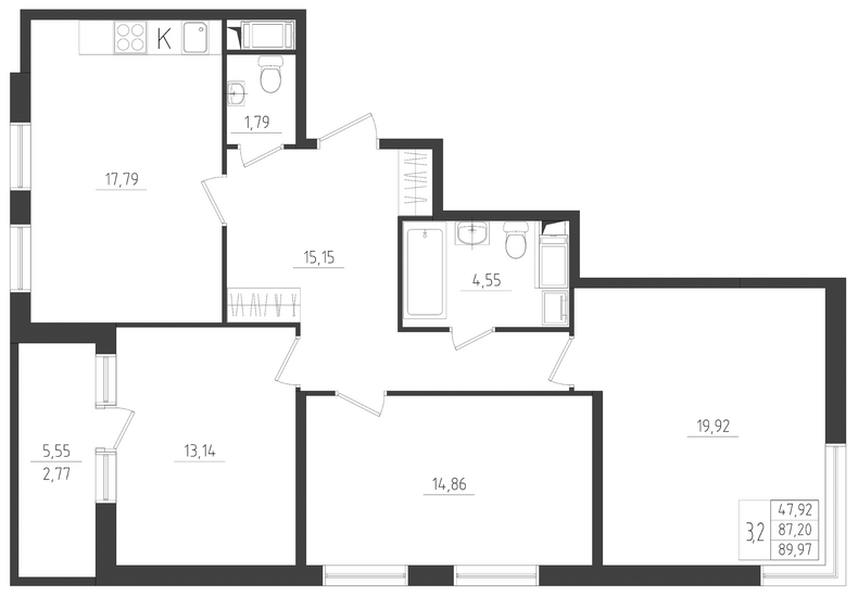 4-комнатная (Евро) квартира, 89.97 м² - планировка, фото №1