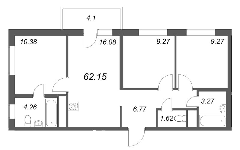 4-комнатная (Евро) квартира, 62.15 м² в ЖК "Аэросити Лайф" - планировка, фото №1