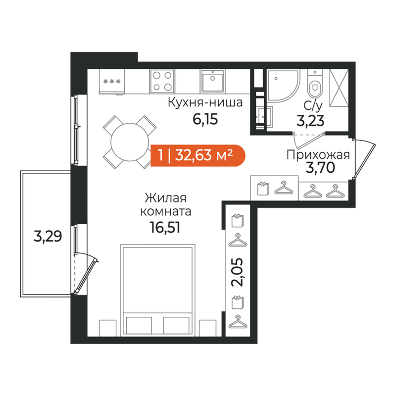 Квартира-студия, 32.34 м² в ЖК "Алгоритм Квинта" - планировка, фото №1