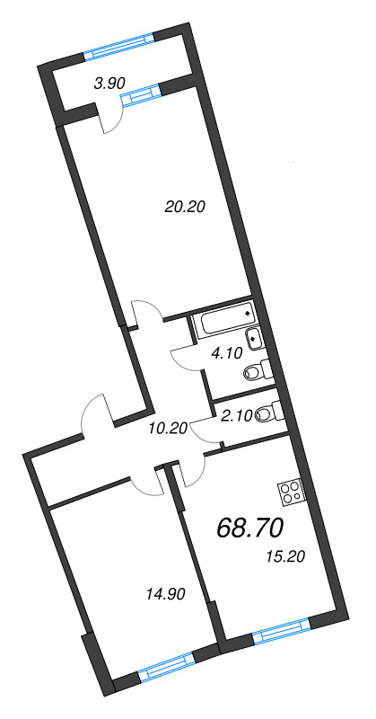 3-комнатная (Евро) квартира, 68.7 м² в ЖК "Ягодное Река Парк" - планировка, фото №1