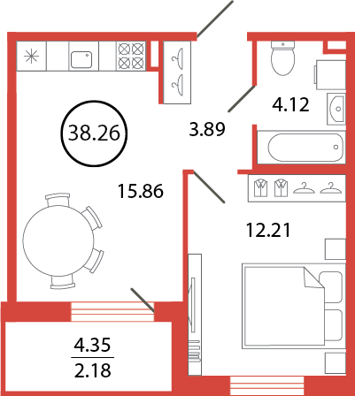 2-комнатная (Евро) квартира, 38.26 м² в ЖК "Энфилд" - планировка, фото №1