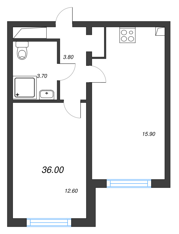 1-комнатная квартира, 36 м² в ЖК "Ручьи" - планировка, фото №1