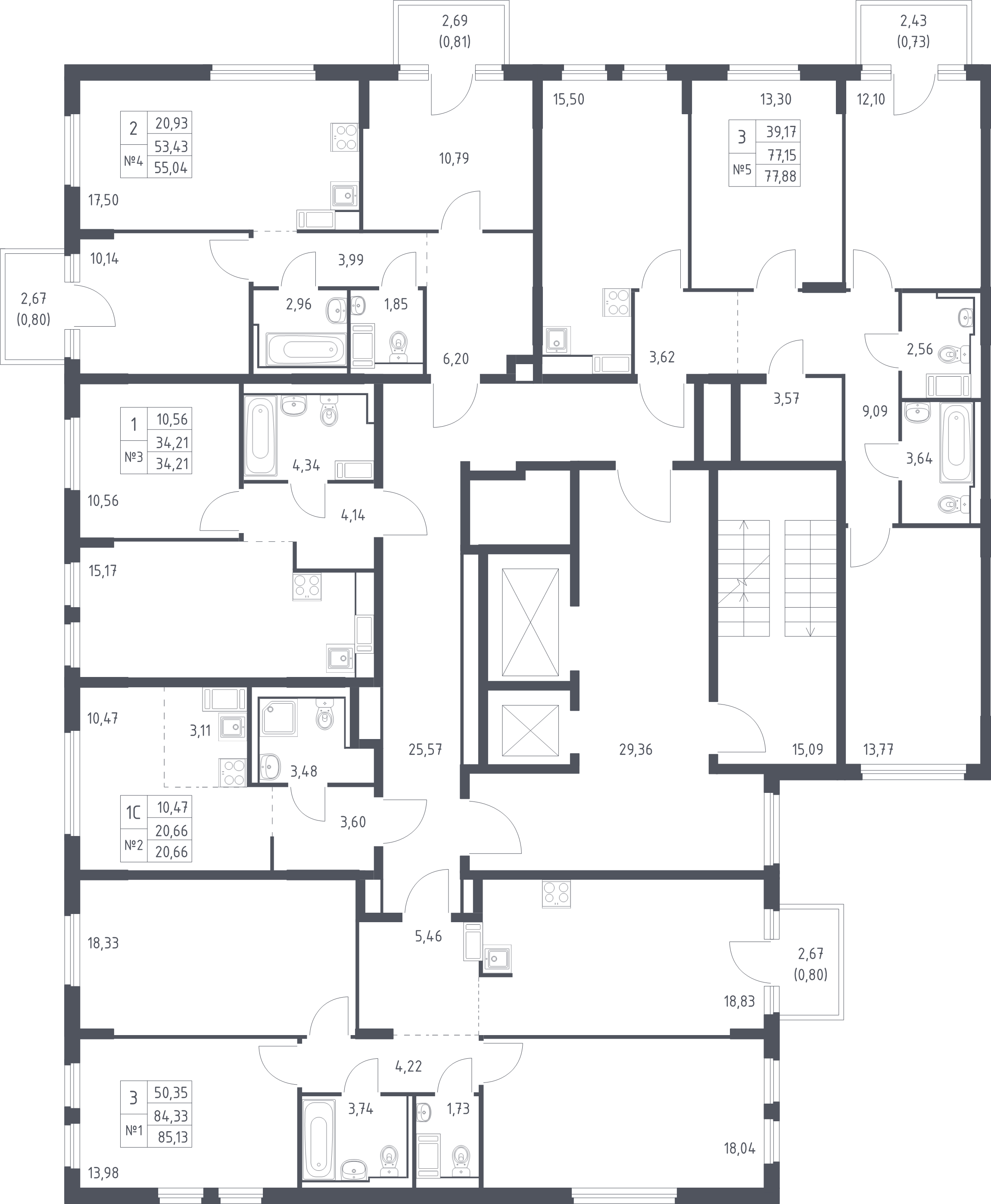 3-комнатная (Евро) квартира, 54.68 м² в ЖК "Новое Колпино" - планировка этажа