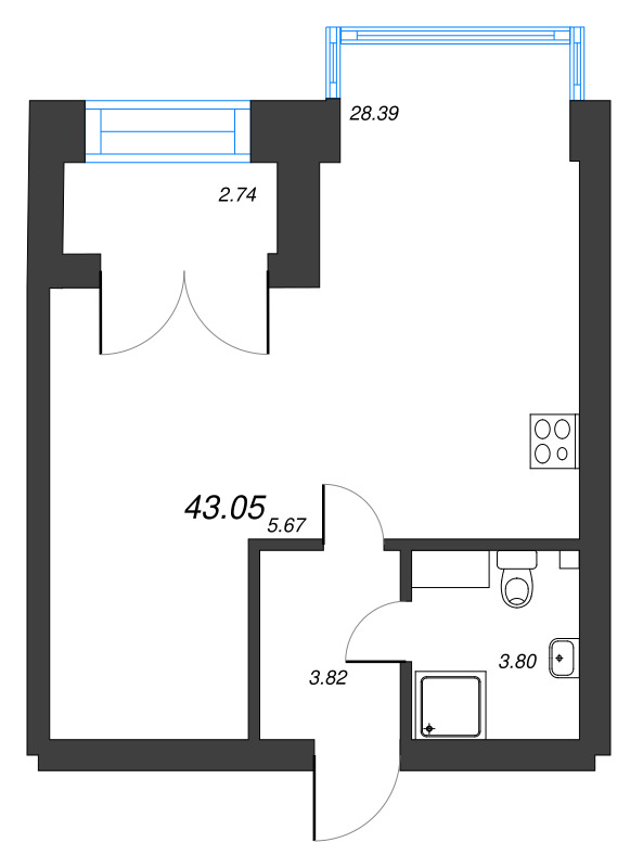 1-комнатная квартира, 43.05 м² в ЖК "Наука" - планировка, фото №1