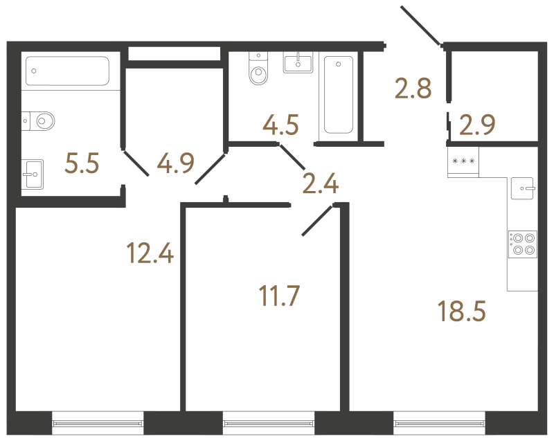 3-комнатная (Евро) квартира, 65.6 м² в ЖК "Передвижники 2" - планировка, фото №1