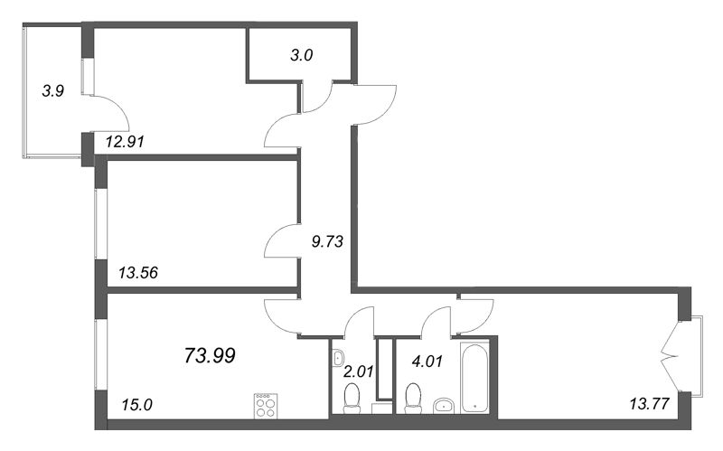 3-комнатная квартира, 73.99 м² - планировка, фото №1
